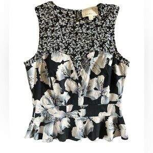 Nicole Miller Artelier Black and White Floral Peplum Blouse M
